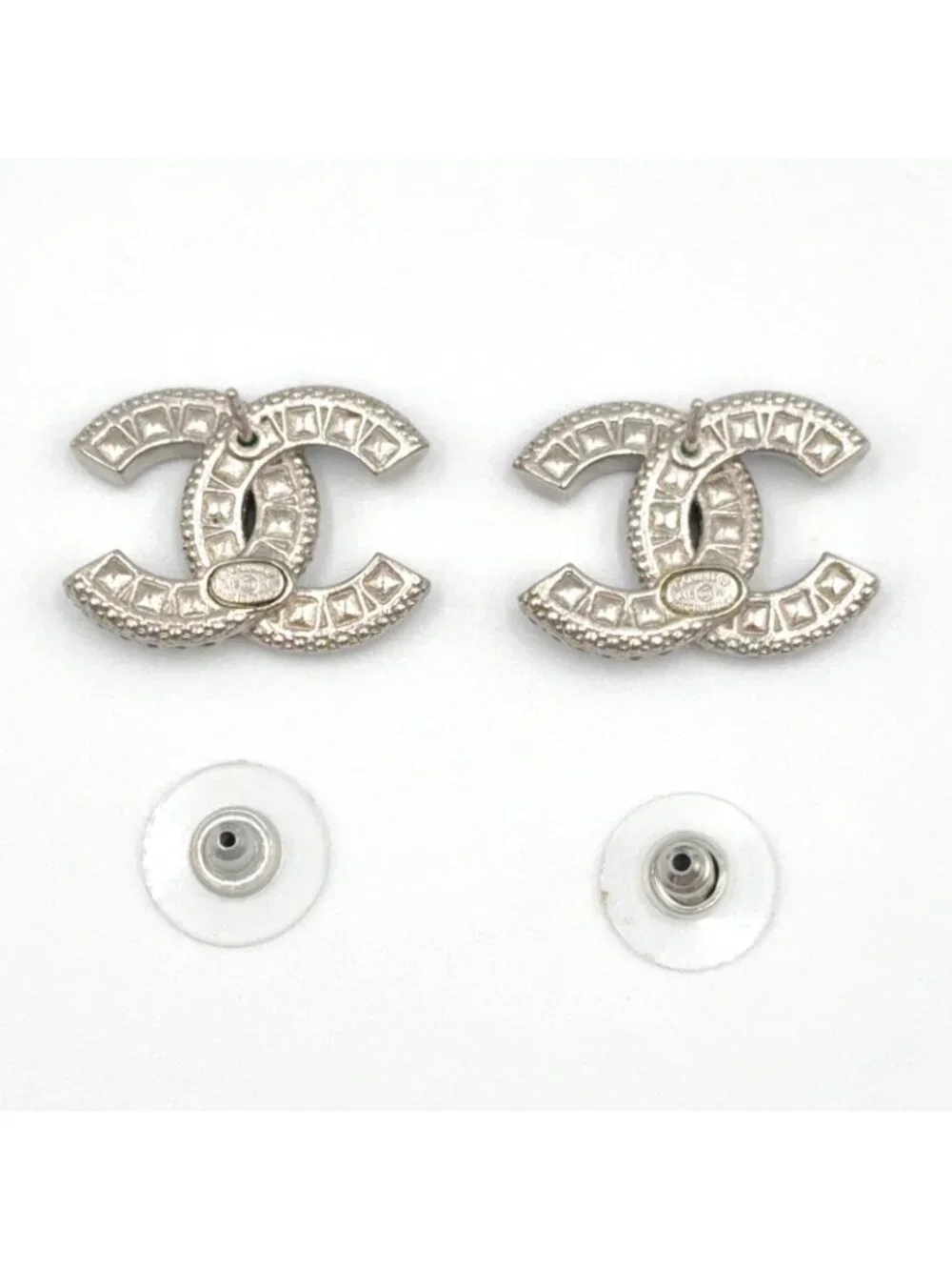 Chanel CC Logo Metal Rhinestone Color Stone Silver Black Earrings